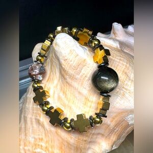 HEMATITE + GOLD OBSIDIAN + PHANTOM NATURAL STONES  BRACELET size 7”